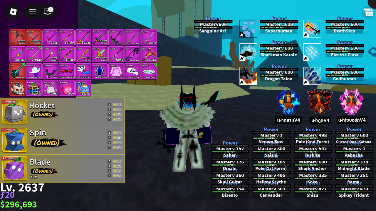 BF | Level : 2637 | ผลถาวร : จรวด + สปิน + บากี้ | เผ่าV4 : ฉลาม + กูล + ไซบอร์ก | ฮาคิสังเกตุV1